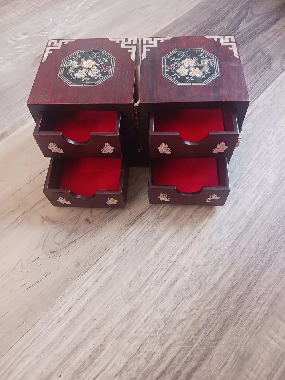 Korean Octagonal Floral Inlay Wooden Jewelry Box W/ Cranes